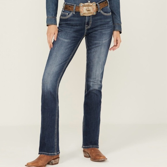 Rock&Roll Cowgirl Women's 30 X 28 Dk Blue Fading Bootcut Low Rise Denim Jeans - Picture 1 of 12